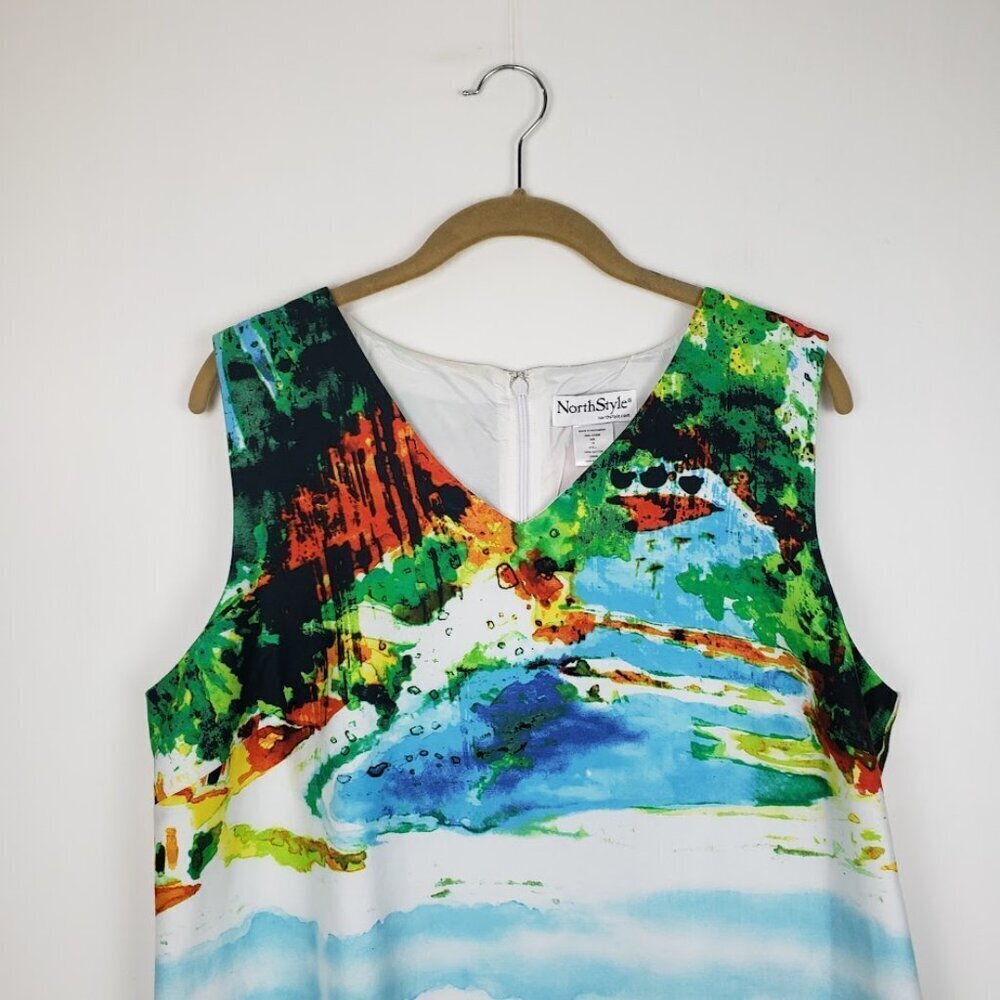 NorthStyle Dress Sleeveless V-Neck Sheath Watercolor Island Villa Print Women 16 - Picture 3 of 6